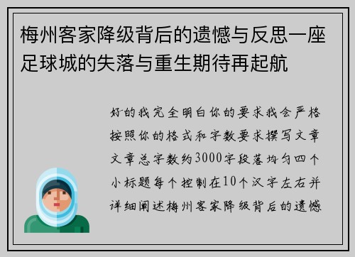 梅州客家降级背后的遗憾与反思一座足球城的失落与重生期待再起航 梅州客家降级背后的遗憾与反思一座足球城的失落与重生期待再起航