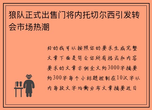 狼队正式出售门将内托切尔西引发转会市场热潮